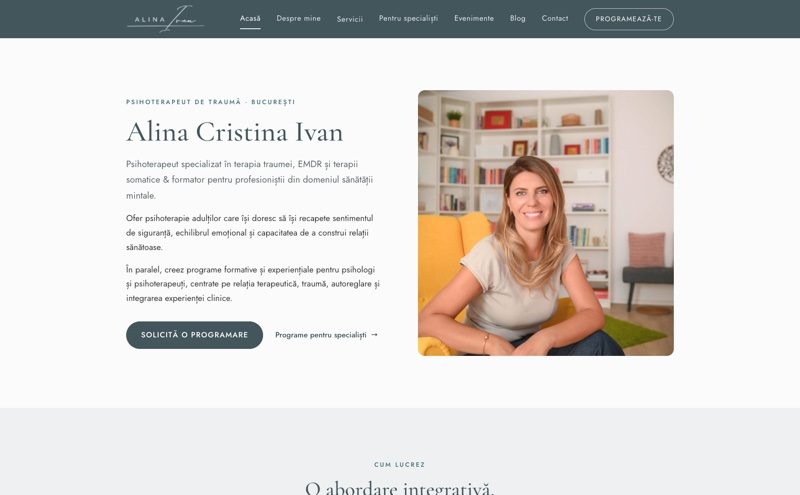 Alina Ivan website - Bucharest trauma psychotherapy practice with a calm slate palette and real portrait photography