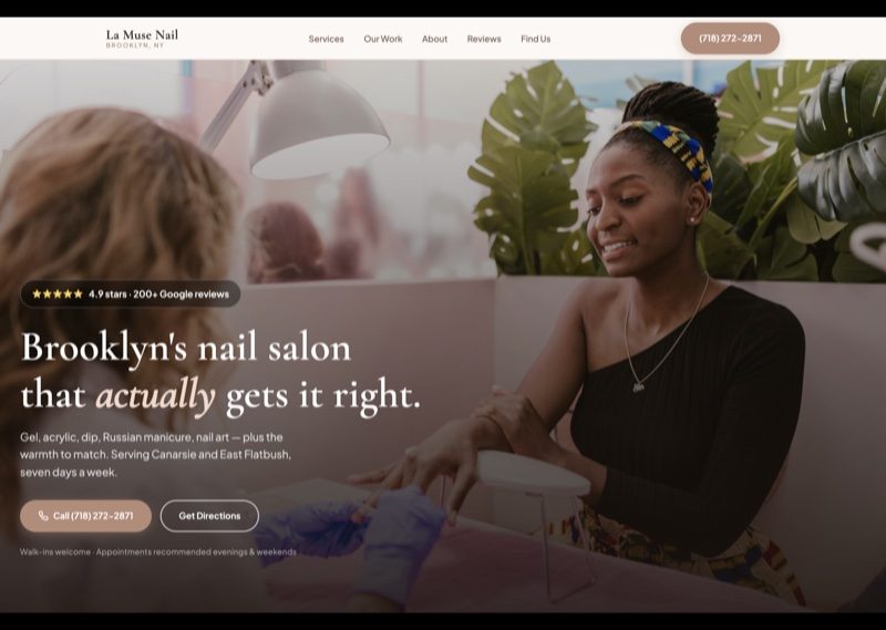 La Muse Nail website — Brooklyn nail salon site with cream palette, real Google reviews and curated nail gallery