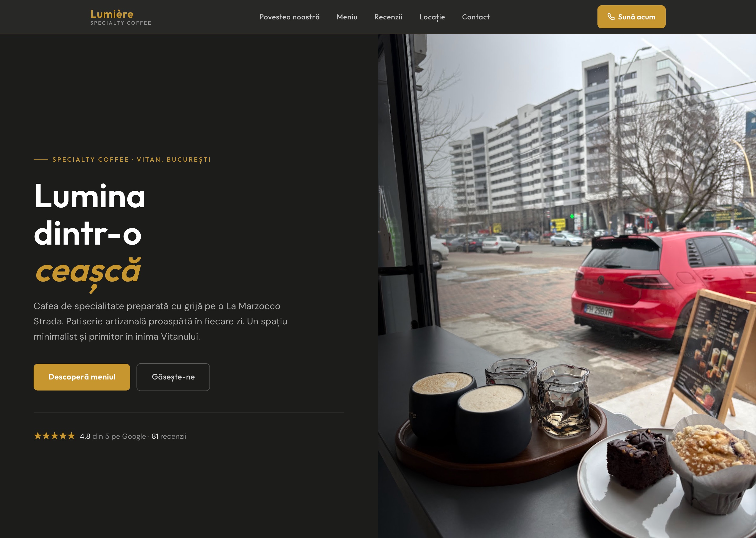 Lumière Coffee website — split-style cafe site with warm golden tones and real interior photography