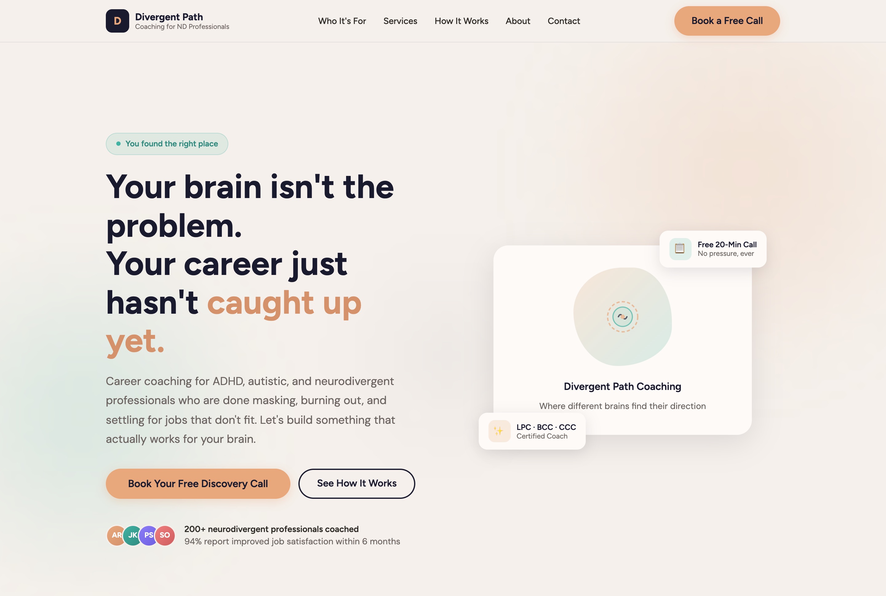 ND Career Coaching website — warm friendly coaching site with peach and sage tones