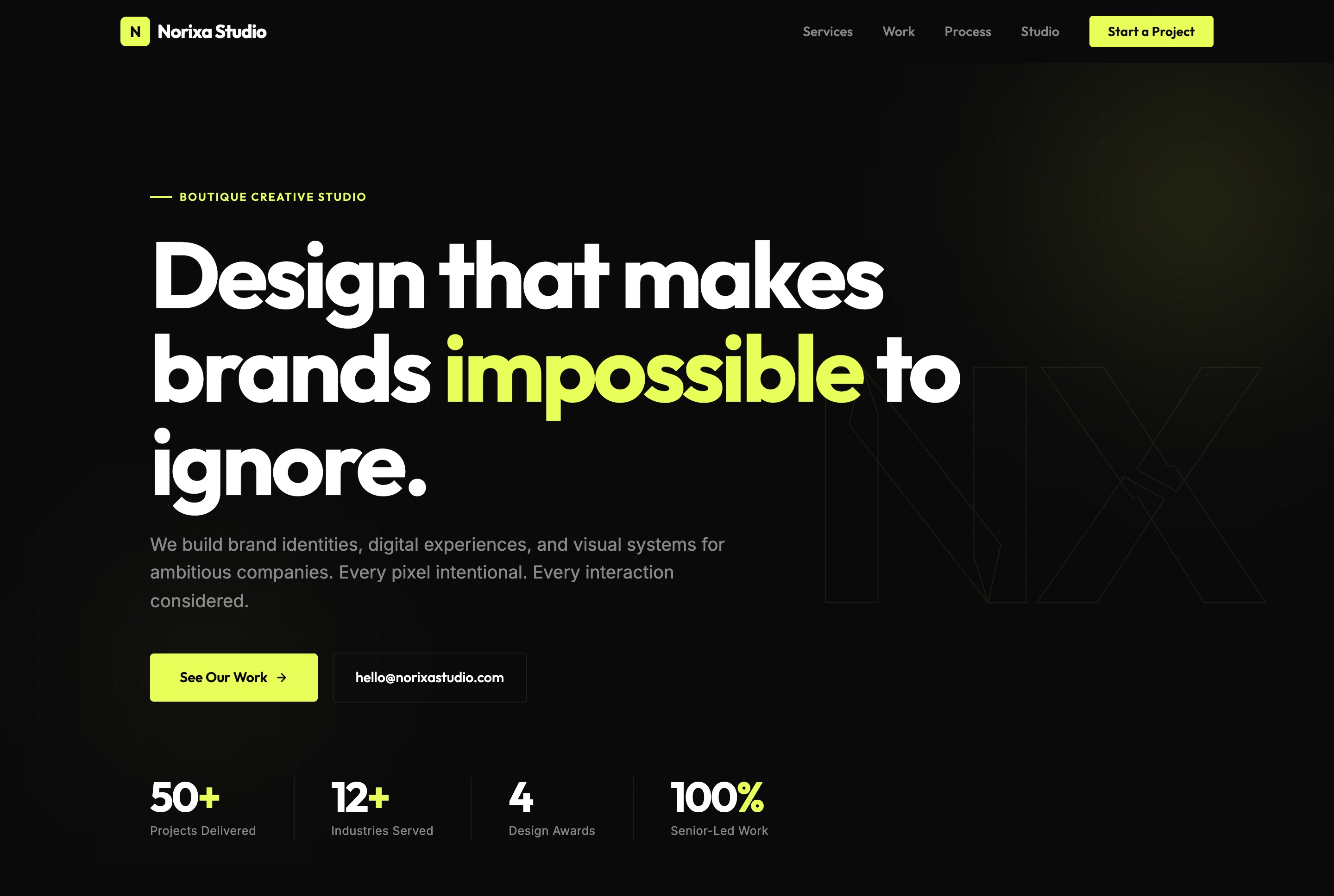 Norixa Studio website — bold dark design with neon green accents and oversized typography